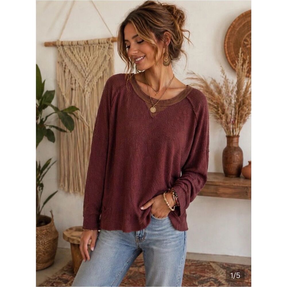 Anthropologie Cherish Burgundy Long Sleeve Layered Waffle Knit Top
